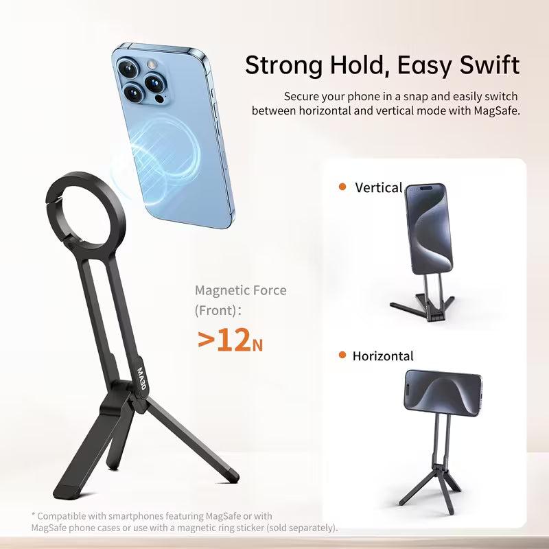 Magnetic Tripod Stand امل ثلاثي القوائم مغناطيسي MA30 من الألومنيوم – متوافق مع iPhone وMagSafe، حامل جيب للهواتف الذكية مزوّد بمغناطيس مزدوج وتركيب سريع