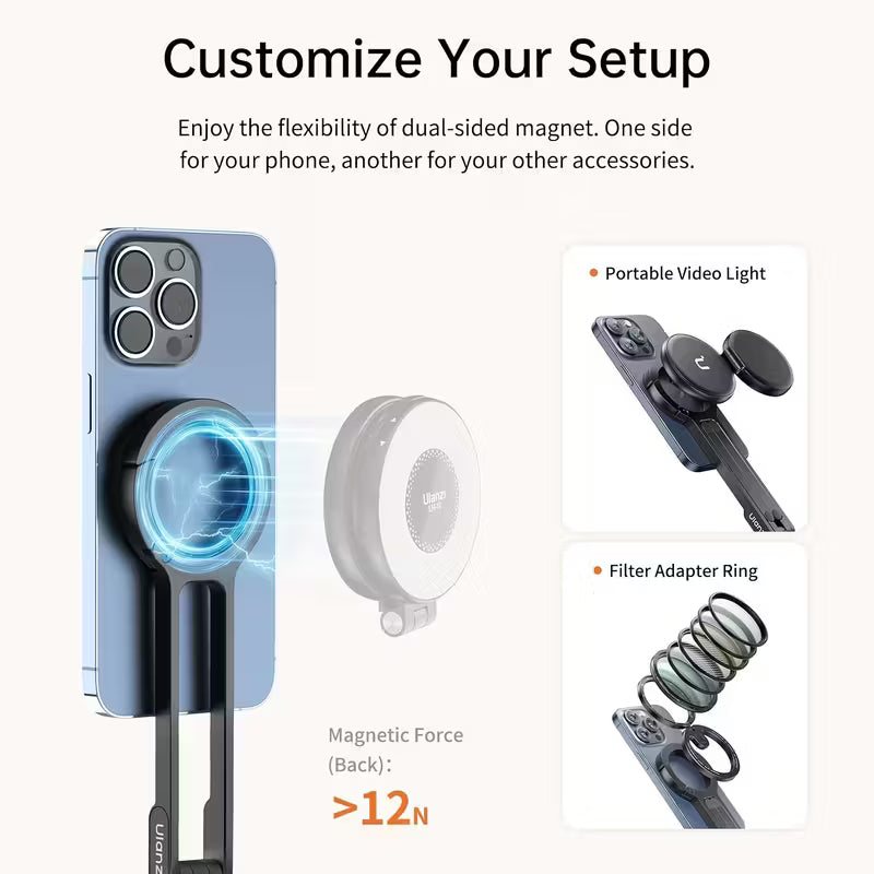 Magnetic Tripod Stand امل ثلاثي القوائم مغناطيسي MA30 من الألومنيوم – متوافق مع iPhone وMagSafe، حامل جيب للهواتف الذكية مزوّد بمغناطيس مزدوج وتركيب سريع
